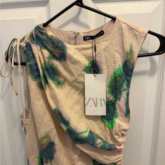 Zara Linen Print Ruched Mini Dress, NWT, Small - Picture 8 of 10
